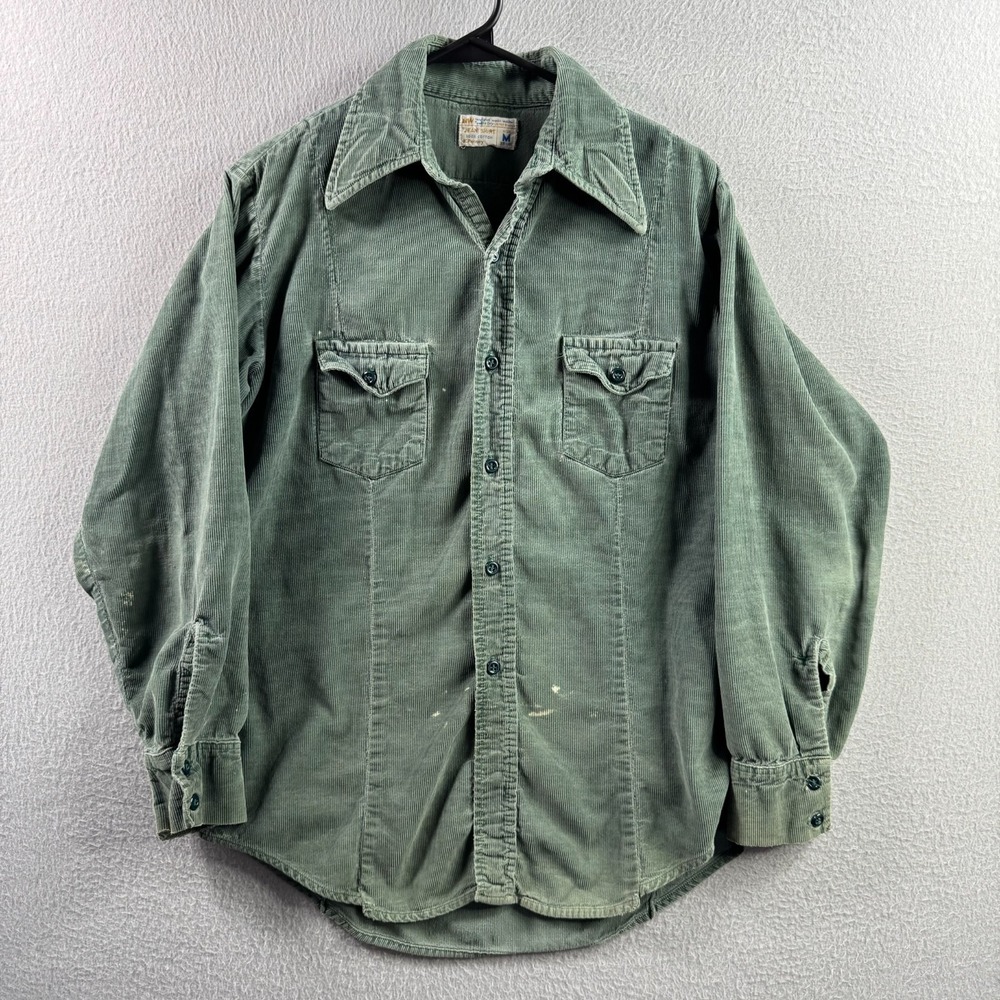 Vintage JC Penney Shirt Mens Medium Green Corduroy Work Button Up 70s‎ Cotton